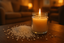 Paraffin wax granules next to a burning handmade candle in a glass jar, cozy living room, warm evening light, soft blurred background, photorealistic